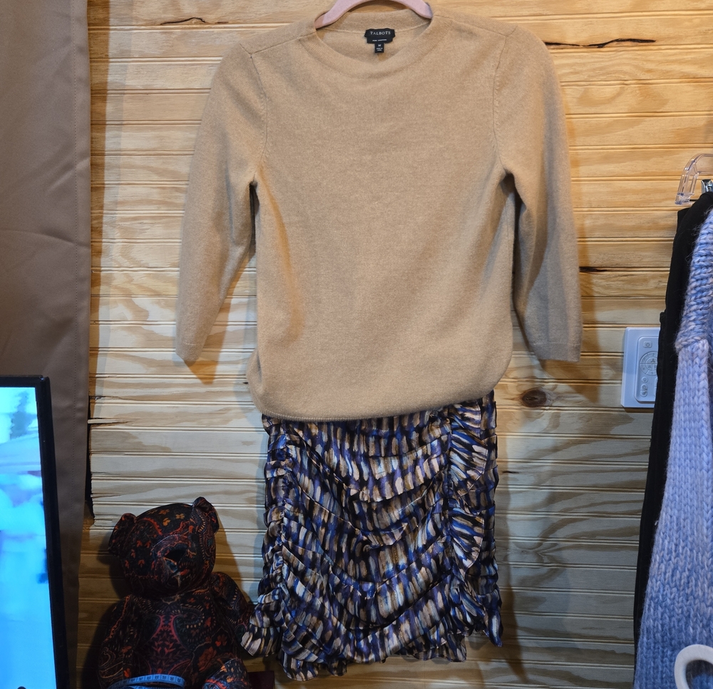 Talbots Beige Sweater with Lost & Wander  Blue Patterned Ruffle Pencil Skirt